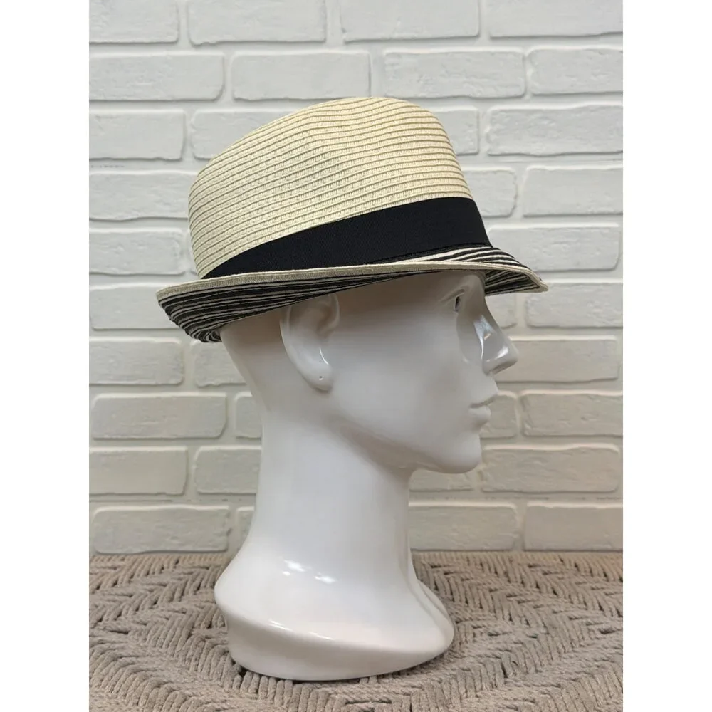 Cream Straw Fedora Black Striped Brim One Size